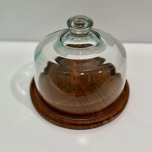 Vintage dolphin Genuine Teak Wood Plate Covered Glass Cheese Dome Cake‎